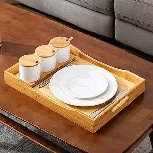 Eziuse Wooden Serving Tray with Handles Rectangular Bamboo Breakfast Serving Tray for Parties (Large)