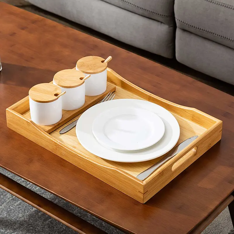 Eziuse Wooden Serving Tray with Handles Rectangular Bamboo Breakfast Serving Tray for Parties (Large)
