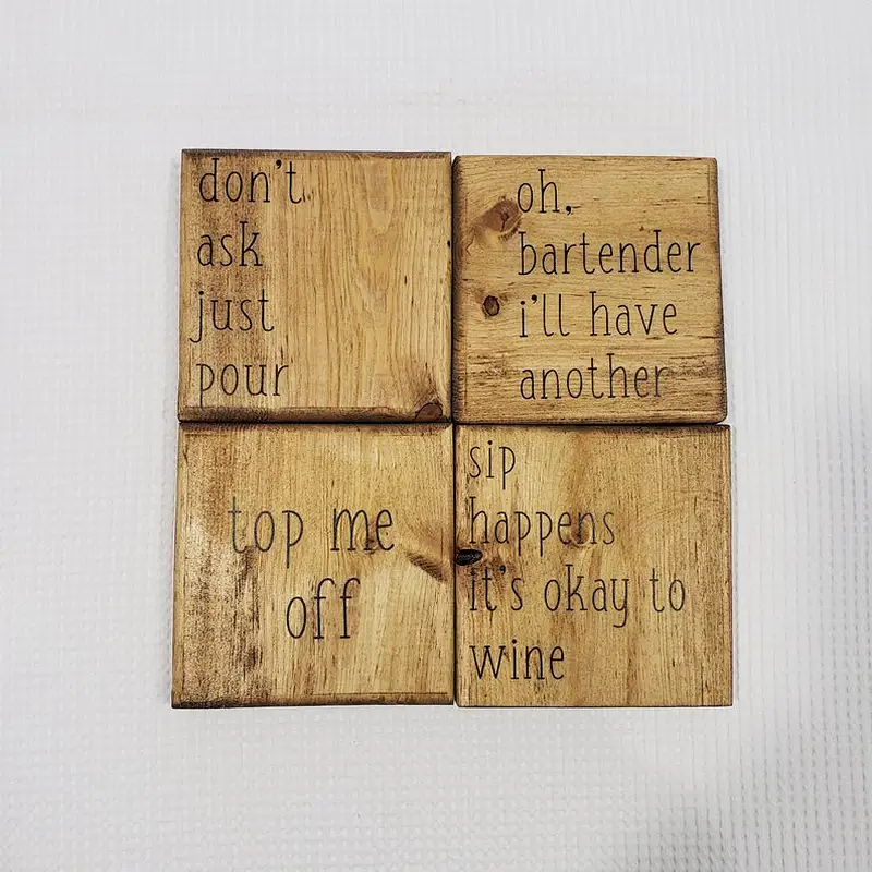 Junji Coaster Set  Funny Coasters  Set of 4 Farmhouse Decor Handpainted Drink Holders CheersWine  Coaster