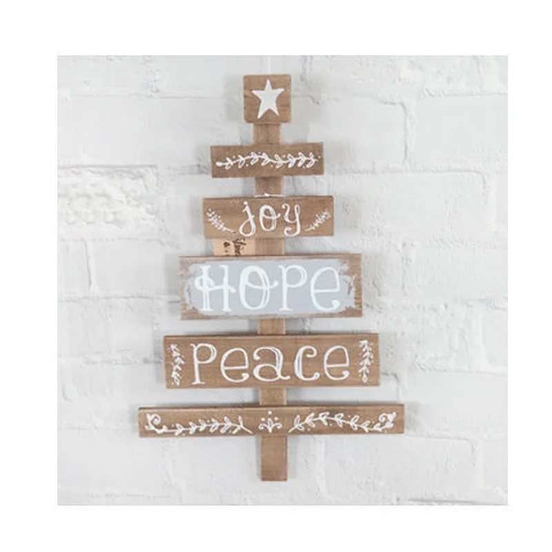 Christmas Sign Inspirational Wood Joy Hope Peace Tree 48cm Natural Decoration 2019