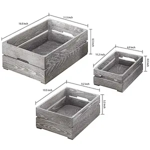 Set of 3 Nesting Ash Brown Wood Accent Crates, Storage Pallet Boxes with Handles