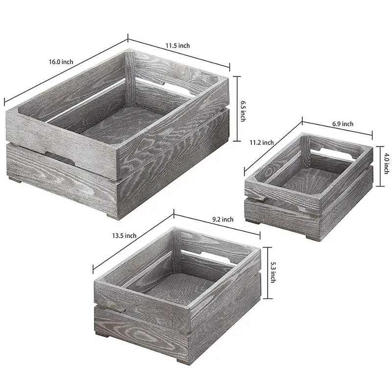 Set of 3 Nesting Ash Brown Wood Accent Crates, Storage Pallet Boxes with Handles