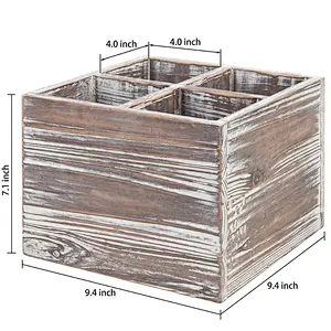 Rustic Torched Wood Kitchen Cooking Utensil Holder, 4-Compartment Flatware Caddy Box