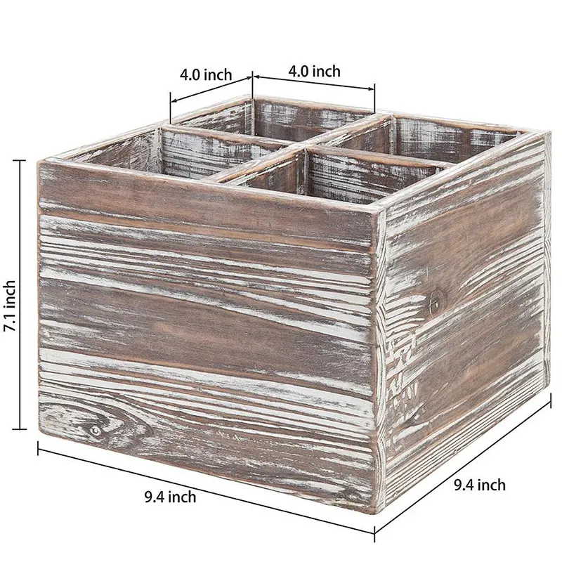 Rustic Torched Wood Kitchen Cooking Utensil Holder, 4-Compartment Flatware Caddy Box