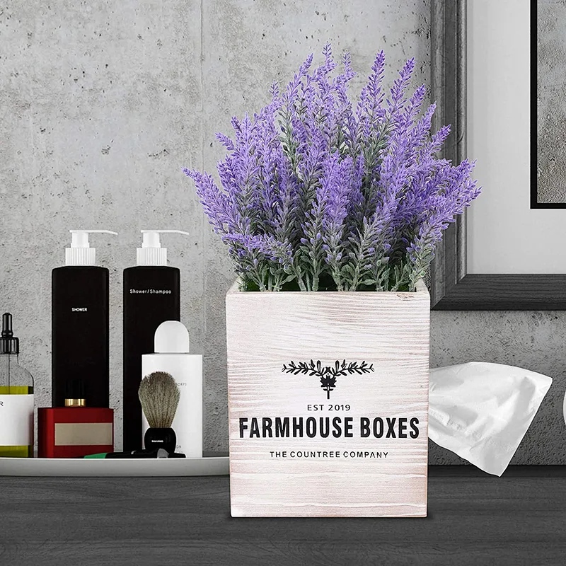 Countree Rustic Tissue Box Cover - Farmhouse Tissue Box Holder with Faux Lavender Arrangement