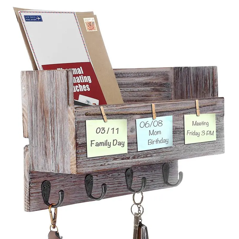 Rustic Wood Wall 4 Key Holder Hooks Memo Clips Entryway Organizer for Letter Mail Holder Magazine Holder