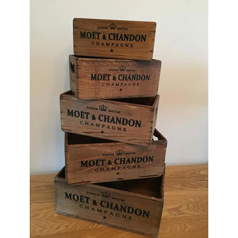 Hot Set of 5 Nesting Ash Brown Wood Accent Crates Box For Storage Champagne