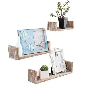 Wall Mounted Torched Wood U-Shaped Floating Shelves