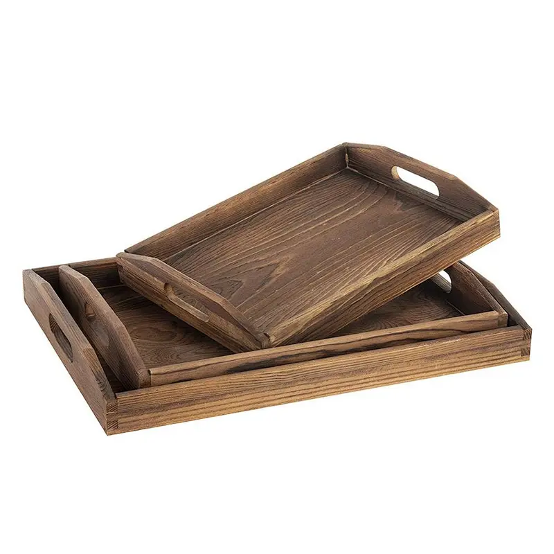 Wooden tray Set of 3 Nesting Brown Wood Serving Trays with Cutout Handles Wooden Appetizer Tray Serving
