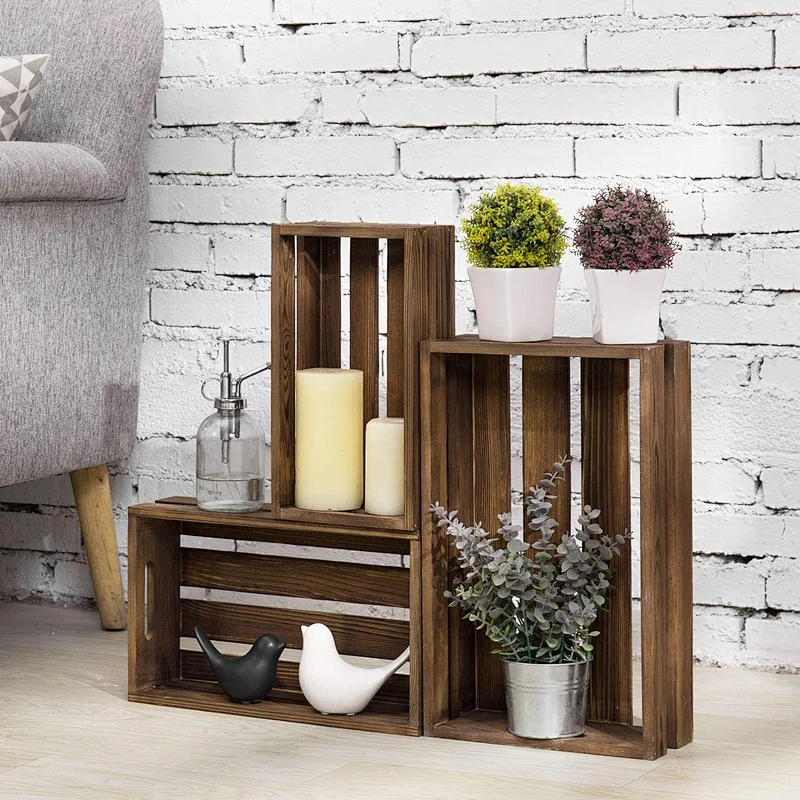 MyGift Rustic Brown Wood Decorative Nesting Storage Crates with Handles, Set of 3