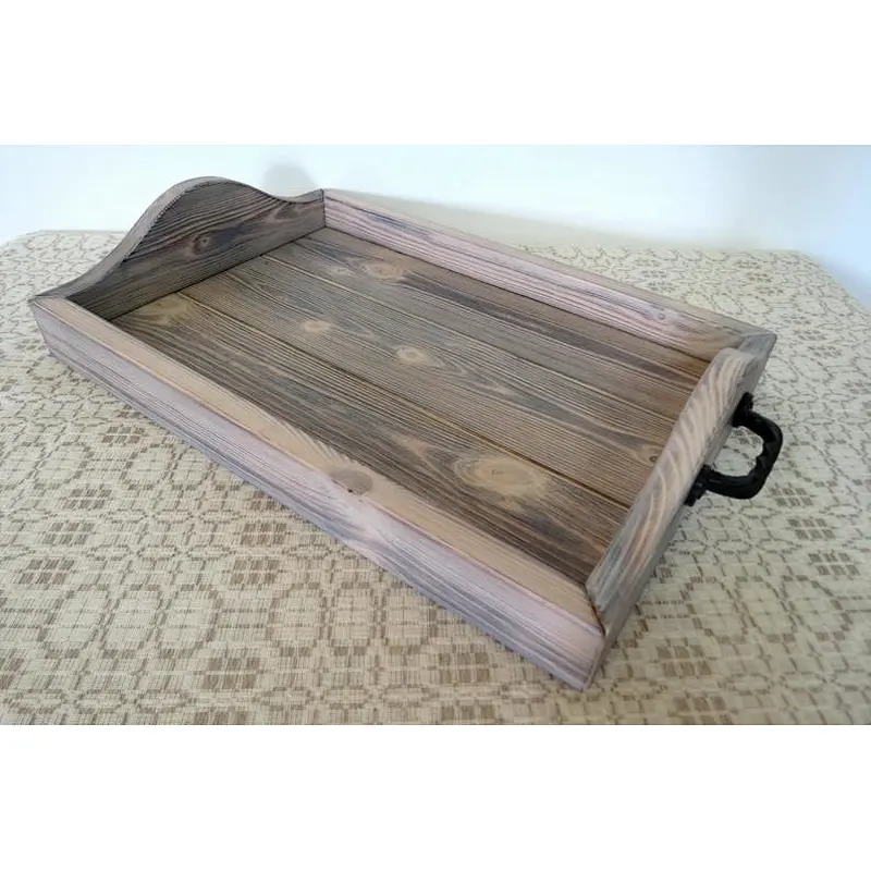 Rustic style wooden hotel serving coffee tray with handles