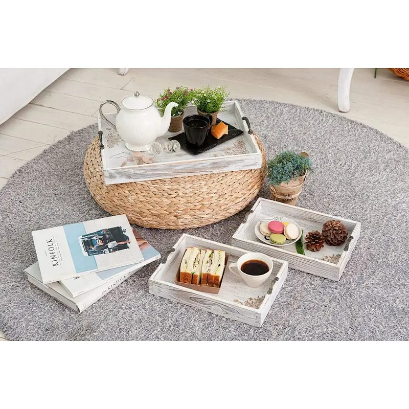 Wooden tray, 3-piece oversize coffee table tray - retro country design - metal handle