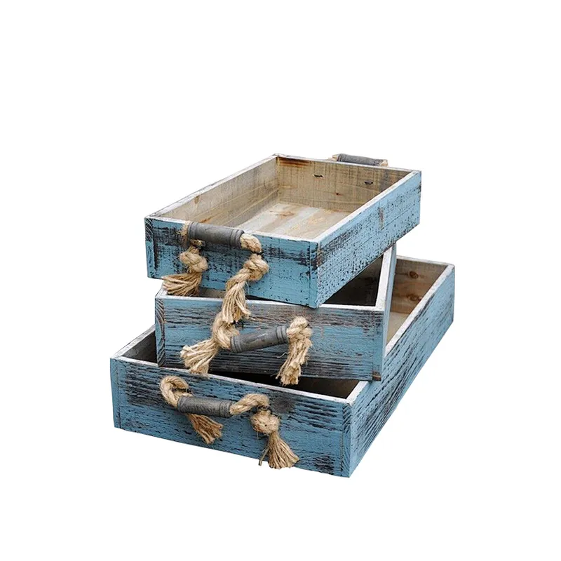 3 Blue Wood Trays Rope Handles, Coastal Decor