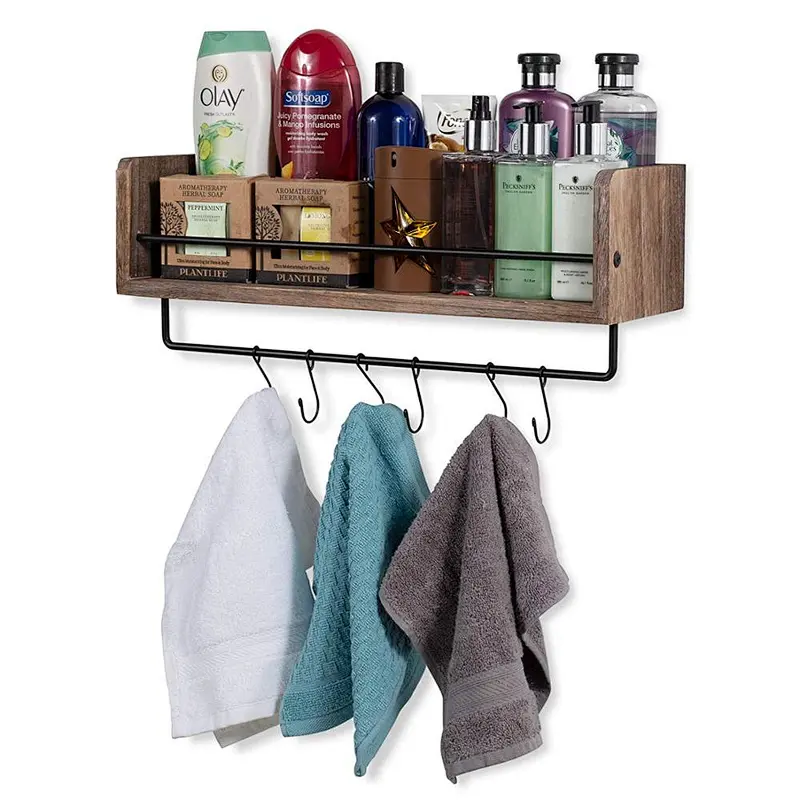 Wall Mount Floating Shelf with Rail and Hooks | Farmhouse Design 20 Inch Torched Distressed Wood Vintage