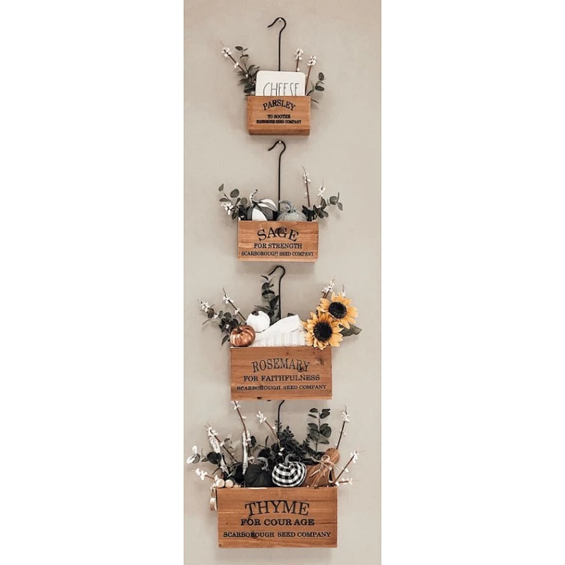 Beautifully Crafted Of Distressed Wood And Rustic Metal Hooks  For Planter Flowers Wall-mounted Wooden flower pot