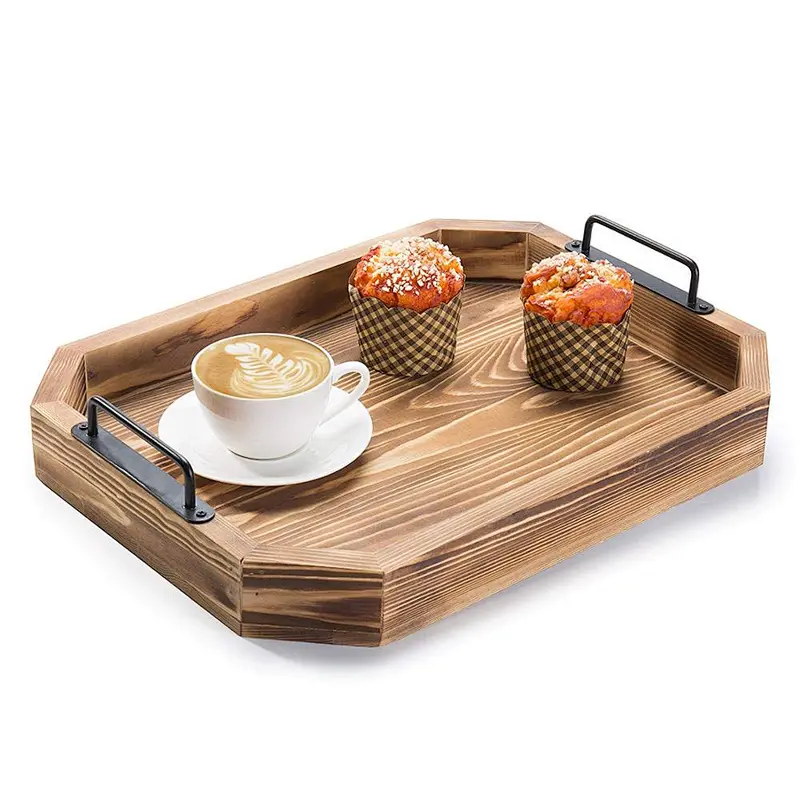 Rustic Burnt Wood 16-Inch Serving Tray with Metal Handles