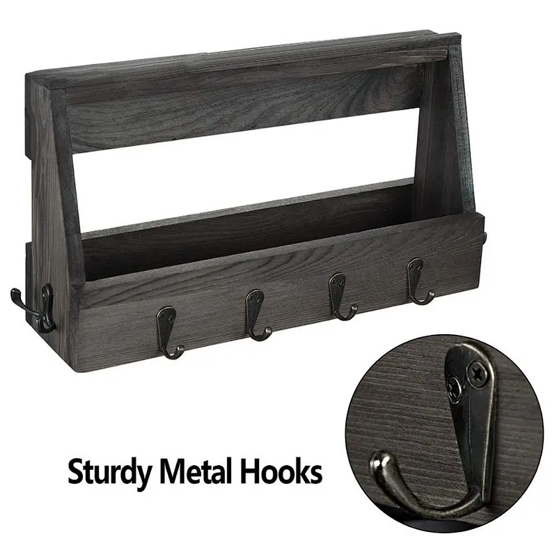 Wooden Wall Mount Mail Holder Organizer with 8 Hooks Coat Rack
