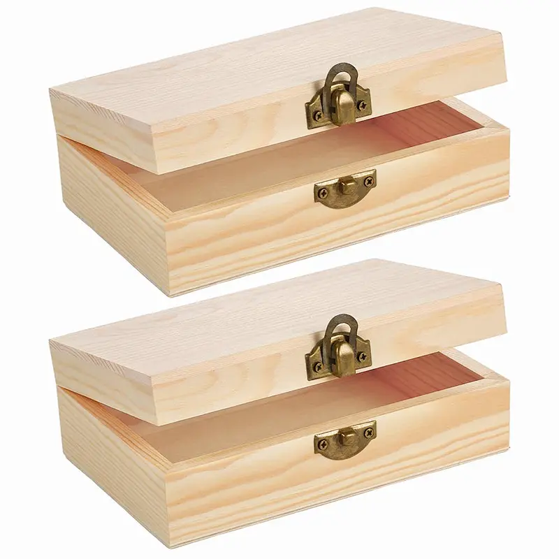 Unfinished Wood Box with Hinged Lid and Front Clasp for Crafts, Art, Hobbies and Home Storage