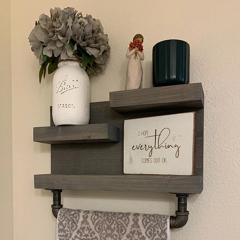 Bathroom Shelf with Industrial Farmhouse Towel Bar, Bathroom Wall Decor Espresso, Country Rustic Storage