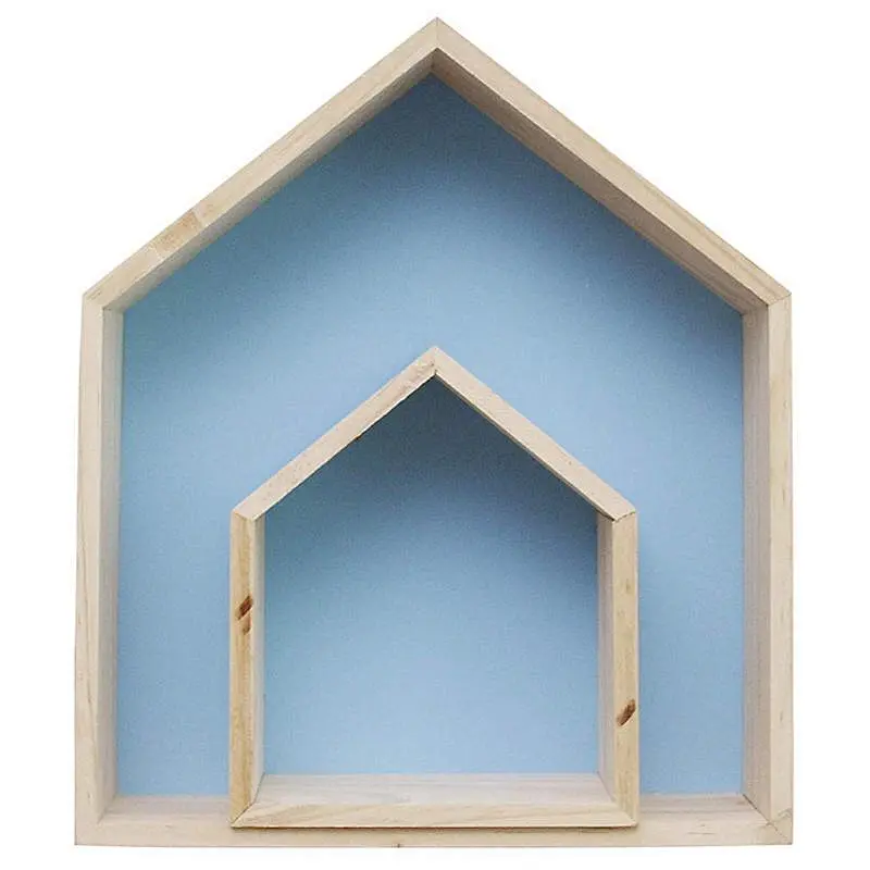1 2Pcs Lovely Wooden House-Shaped Wall Storage Shelf Kid'S Room Decoration