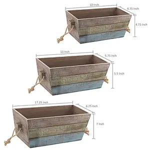 Nesting Wood Storage Crates, Stripe Design Wood Boxes with Rope Handles, Set of 3, Brown