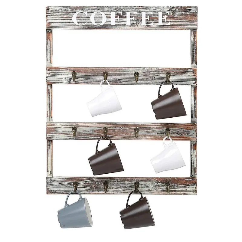 Hook Rustic Wall-Mounted Wood Coffee Mug Holder, Kitchen Storage Rack, Brown