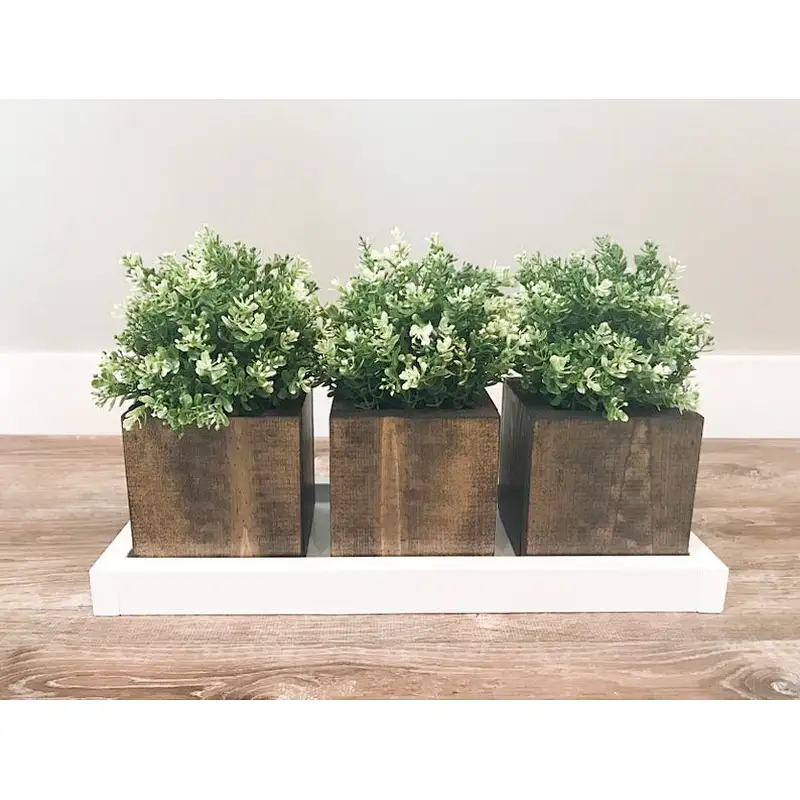 White wood tray with planters Set of 3 brown planters Handmade Flower pots Brown and White Rustic Farmhouse Home Decor