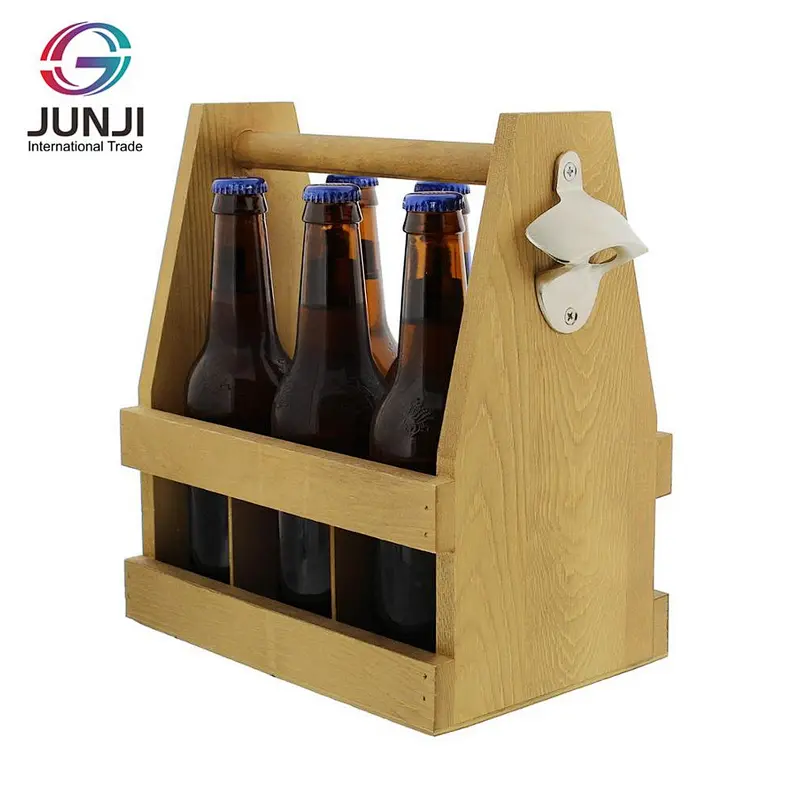 Beer Caddy Natural Wood Bottle Carrier 6-Pack Beer & Soda Glass Bottle Drink Caddy