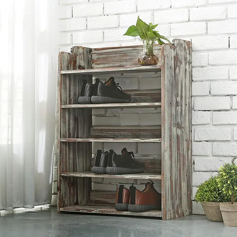 Rustic Torched Wood Entryway Shoe Rack Storage Shelves