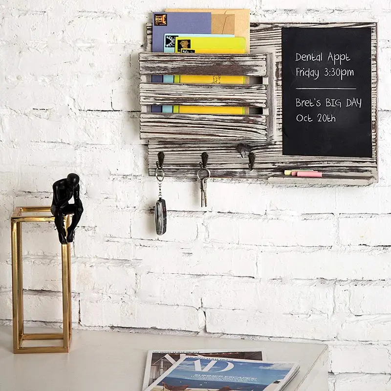 Torched Wood Wall-Mounted Mail Organizer with Chalkboard  key holder