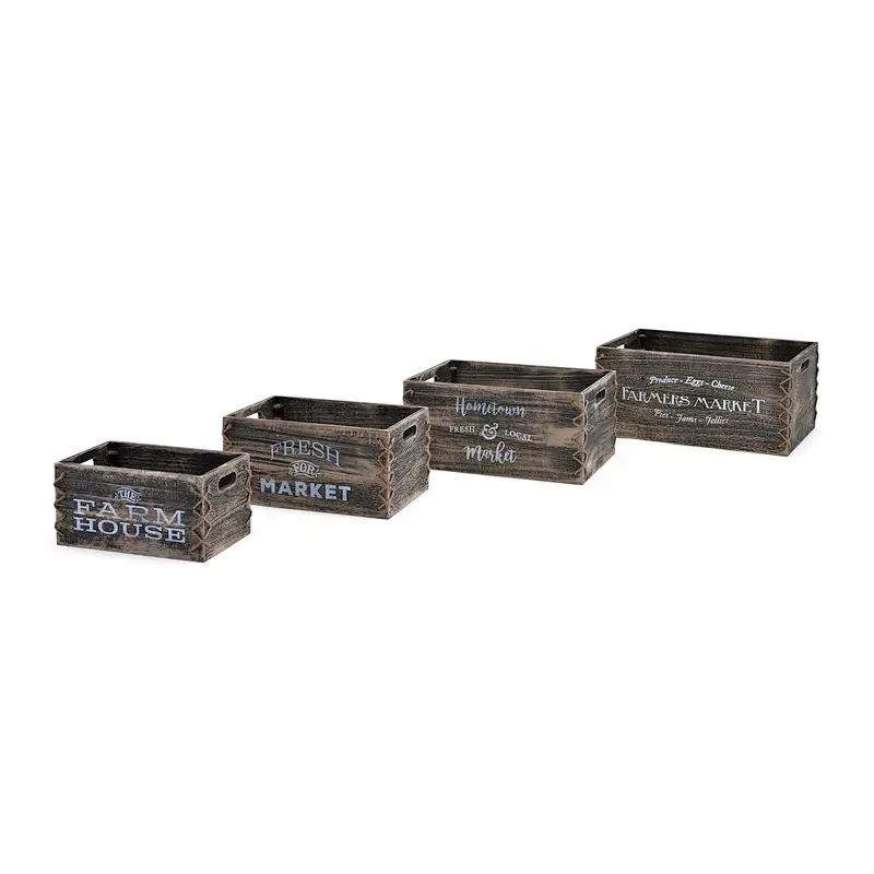 Hot Storage Bin Box Wood Kitchen Bathroom Organizer Wooden-Antique Gray Storage Crates With Side Cutouts Set of 4 Gray