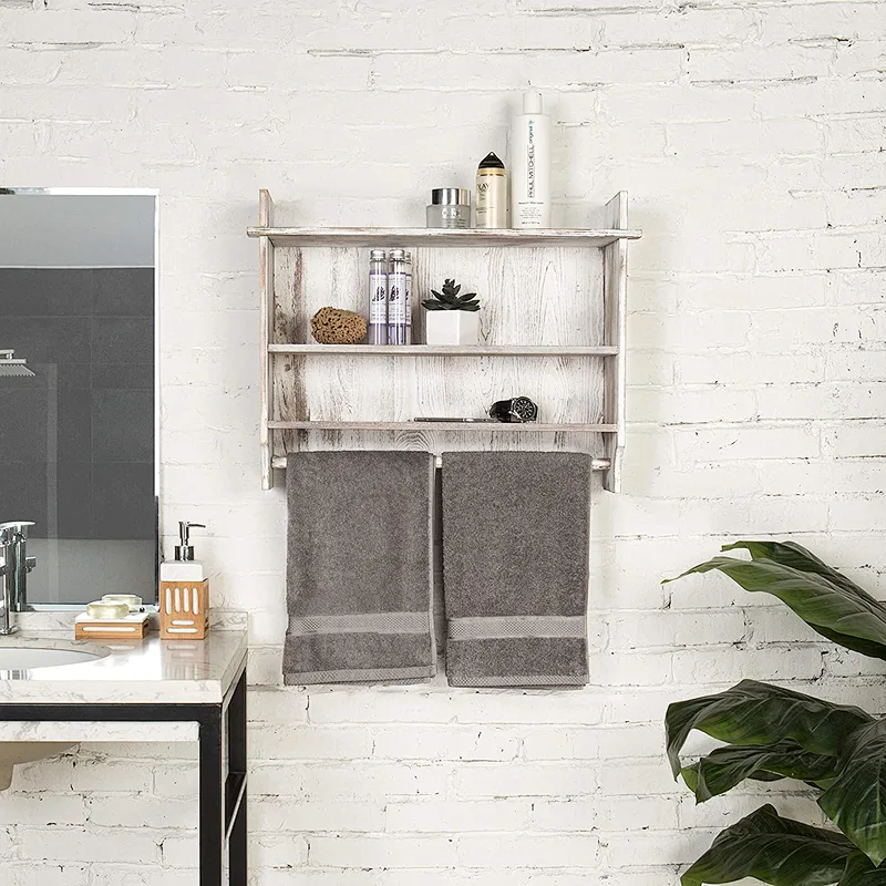 MyGift 3-Shelf Whitewashed Wall Mounted Bathroom Organizer Rack with Towel Bar
