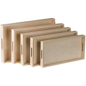 Wooden Nested Serving Trays - Five Piece Set of Rectangular Shape Wood Trays for Crafts with Cut Out Handles