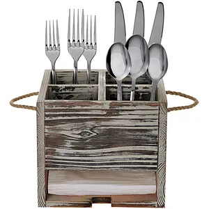 MyGift 4 Compartment Torched Wood Kitchen Dining Utensil Organizer Caddy with Napkin Holder