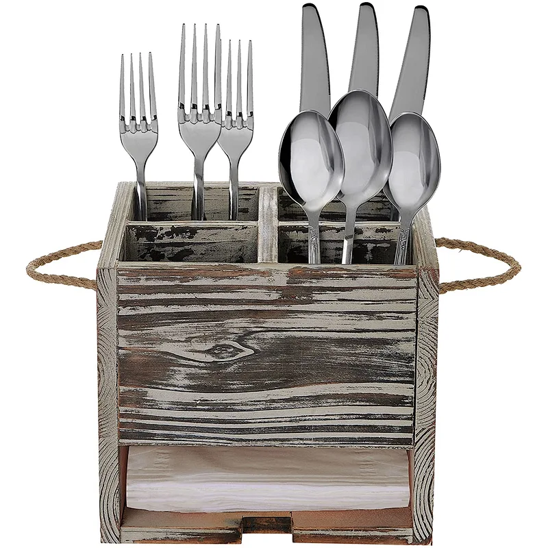 MyGift 4 Compartment Torched Wood Kitchen Dining Utensil Organizer Caddy with Napkin Holder