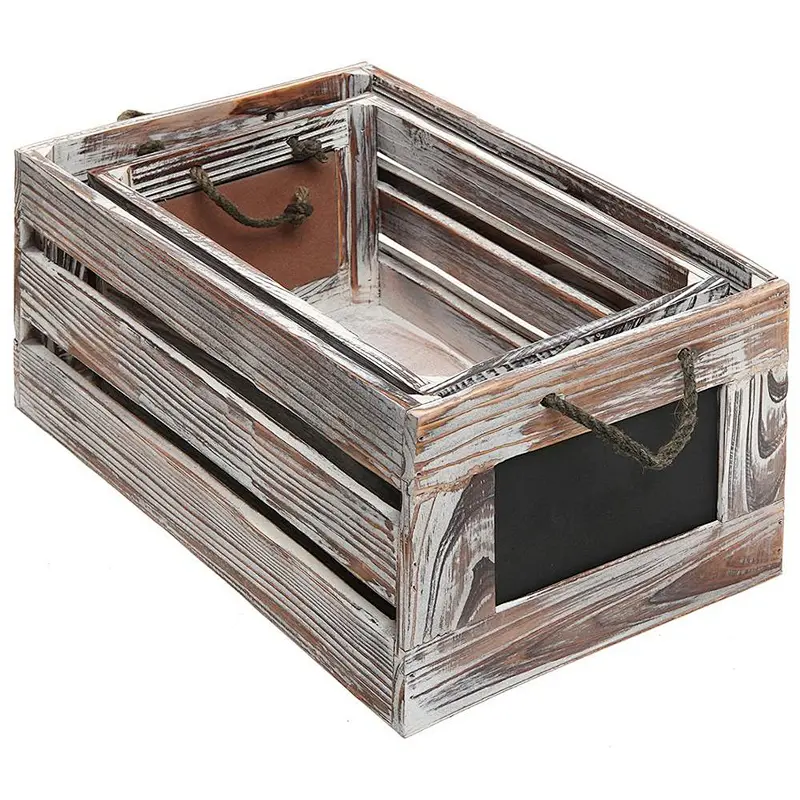 Torched Wood Decorative Boxes, Nesting Storage Crates with Chalkboard Labels and Handles, Set of 2