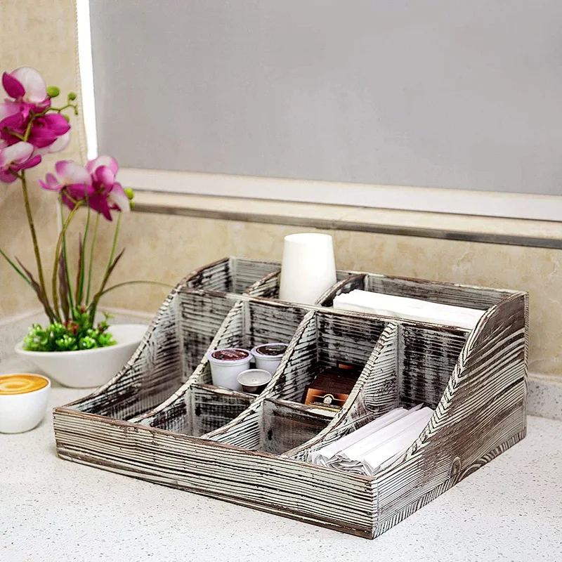9-Compartment Rustic Torched Wood Tabletop Condiment Holder  Coffee & Tea Storage Caddy