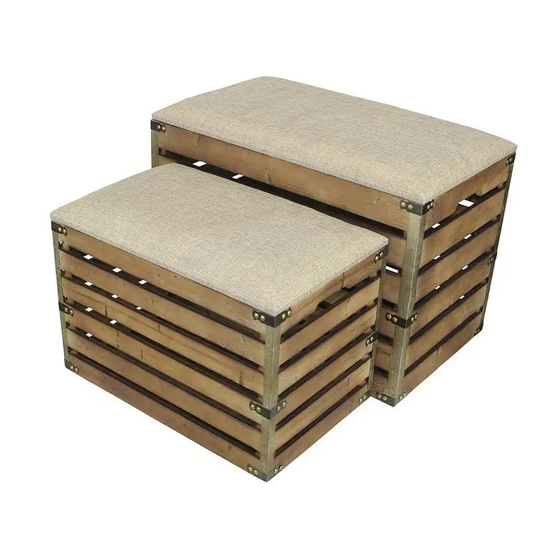 Wooden Boxes, Rectangular Handmade Wood Slat Storage Crate with Metal Accent and Cushioned Lid - Set of 2