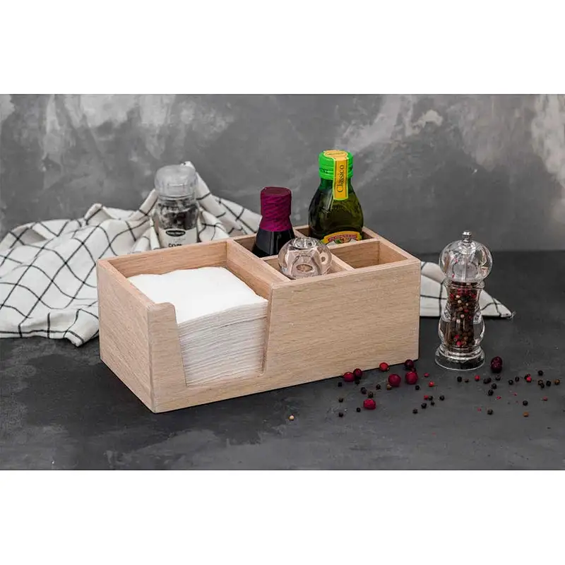 Utensil caddy napkin holder with salt and pedder storage wood box