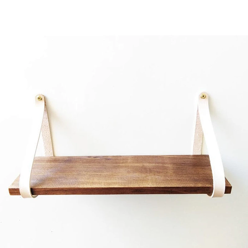 wall corner floating shelf Wooden floating shelf with genuine leather straps 30cmmdf wall shelveswall display shelf