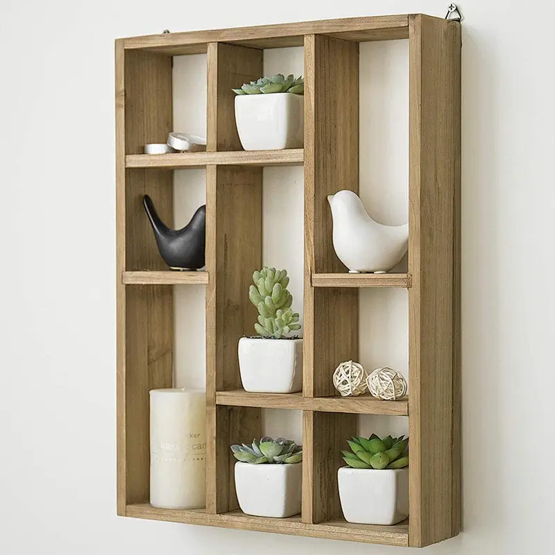 MyGift 15-Inch Wall-Mounted (Vertical or Horizontal) 9-Slot Rustic Wood Floating Shelves/Freestanding Shadow Box, Brown