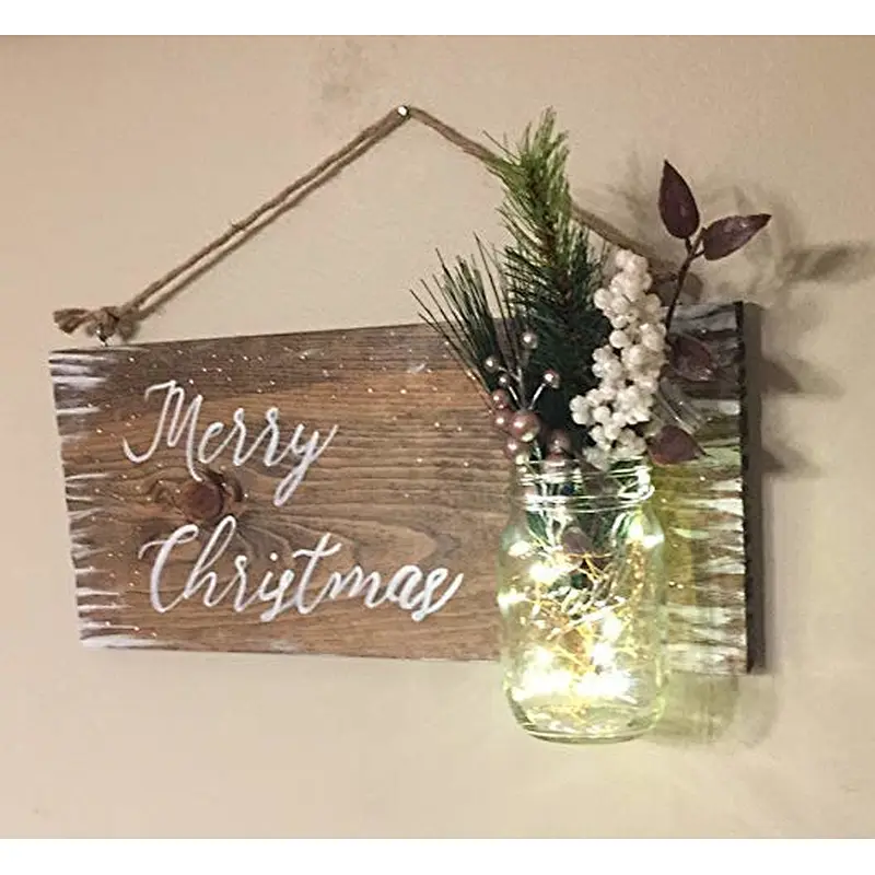 Rustic Snowy Christmas Wood Sign Mason Jar Floral Accent Farmhouse Wall Decor