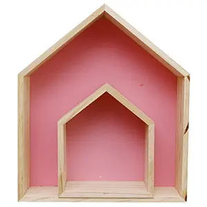 1 2Pcs Lovely Wooden House-Shaped Wall Storage Shelf Kid'S Room Decoration