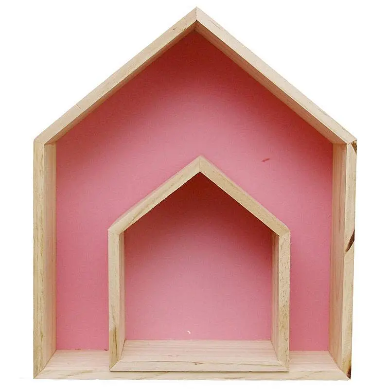 1 2Pcs Lovely Wooden House-Shaped Wall Storage Shelf Kid'S Room Decoration