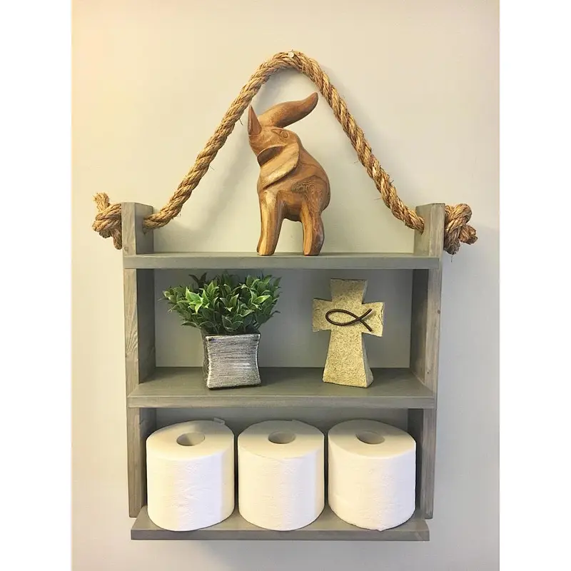 Bathroom Shelf Organizer with Towel Hooks  Modern Farmhouse Brown Country Storage  Apartment Decor