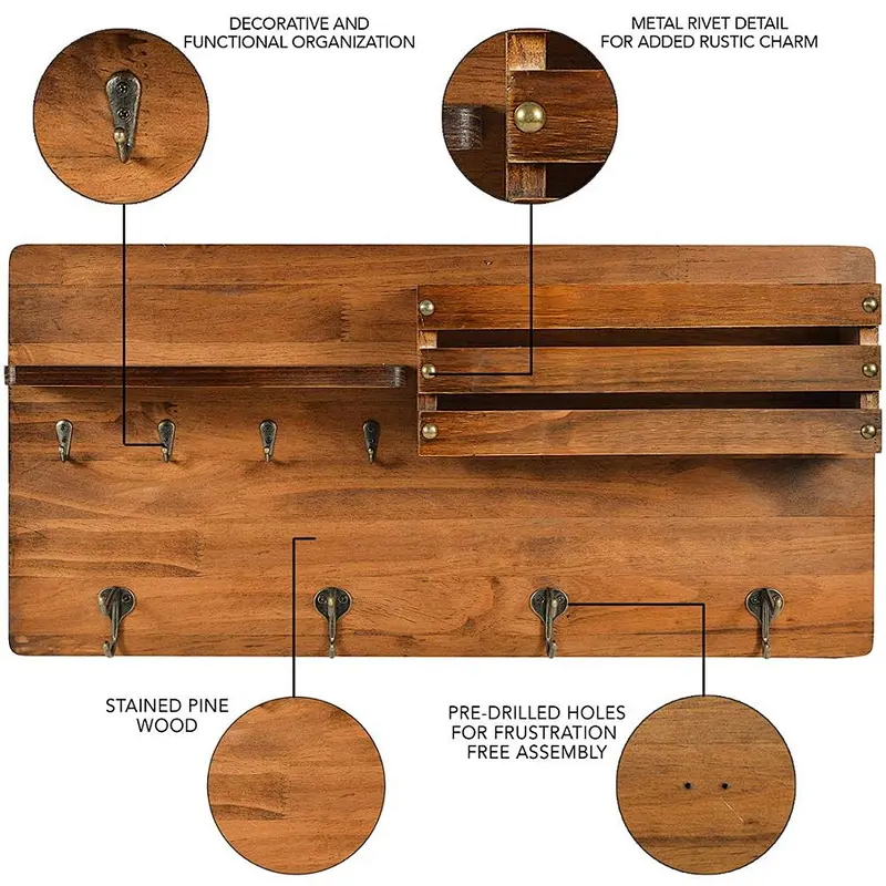 Wall Mounted Coat Rack Shelf Entryway Organizer with Key Hook and Mail Slot - Rustic Farmhouse Decor Solid Pine Wood