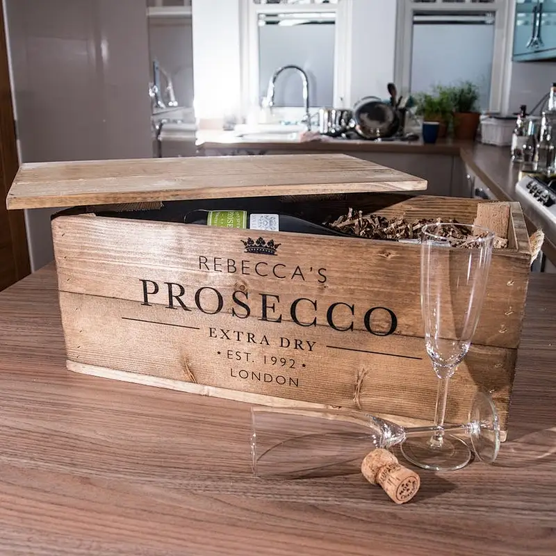 Prosecco Hamper wooden wine box  with lid & rope handles crates wood boxes