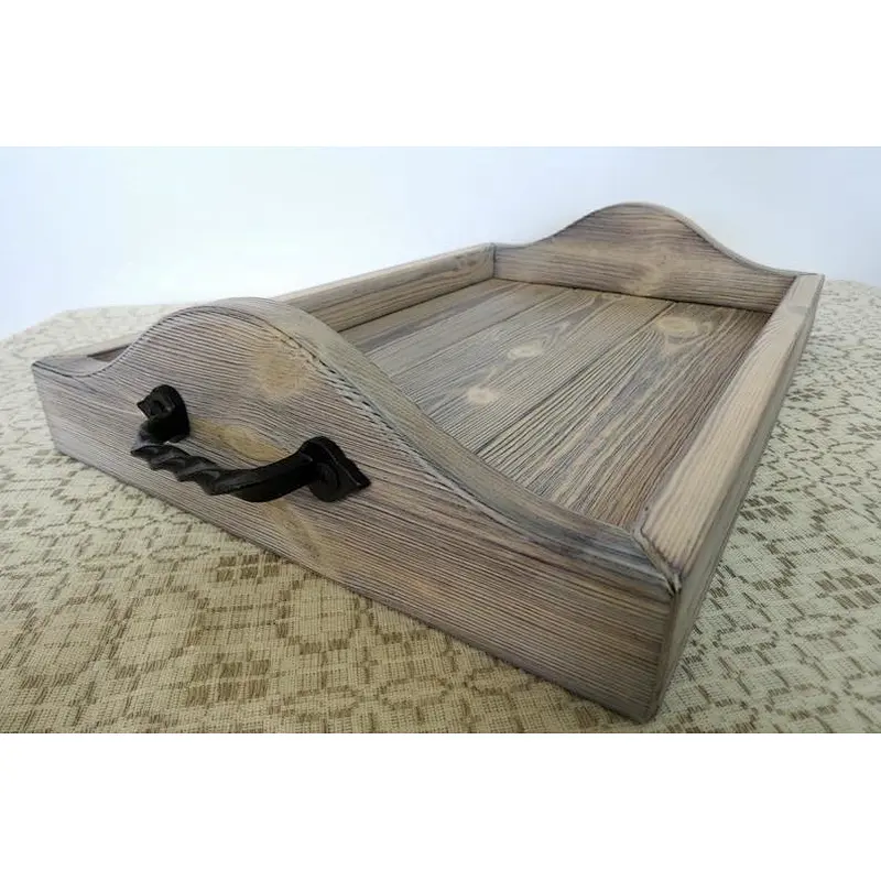 Rustic style wooden hotel serving coffee tray with handles