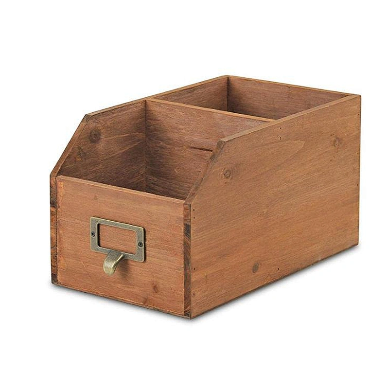 Desk Wooden Organizational Box with 2 Storage Compartments and Label Slot