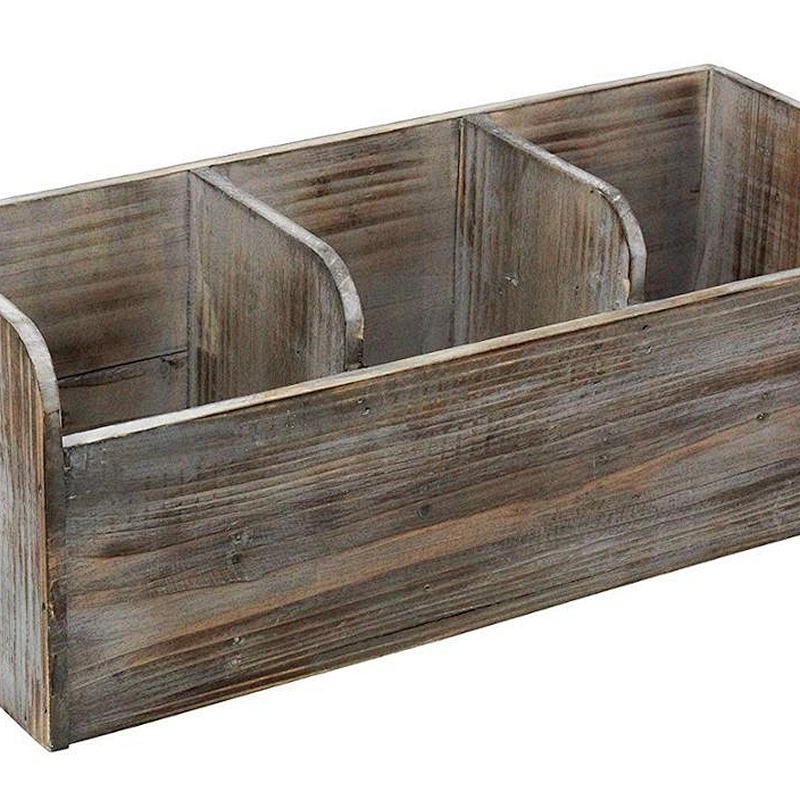 Vintage Rustic junji Torched Wood Kitchen Utensil Holder 3 Compartment Organizer Caddy Box For Cooking